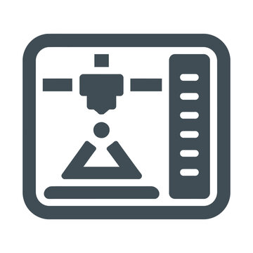 A simple dark grey vector icon of a 3D printer with a printing head