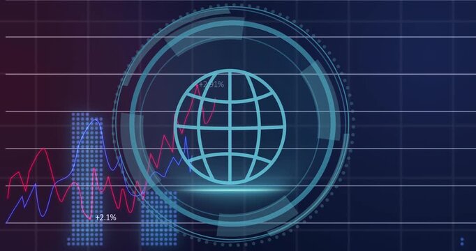 Animation of globe scanning in circles, cyber security text in shield over multiple graphs