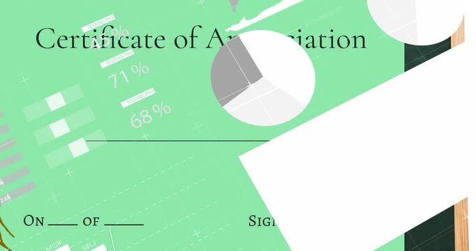 Animation of statistical data processing over certificate of appreciation and chalkboard