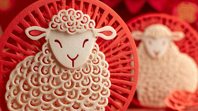 The image shows two figures of sheep on a red background. Sheep are made of light material, smile and have curly hair.