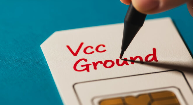 Close up of Hand Pointing at Vcc and Ground Pin Labels on a SIM Card for Electronic Hardware Engineering and Security Testing