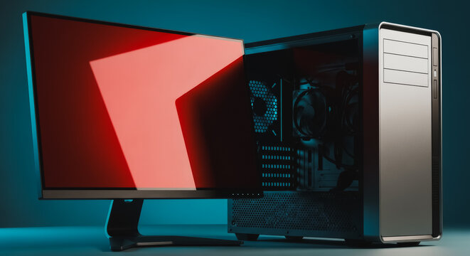 Powerful Gaming PC Build with Open Side Panel and LCD Monitor Showing Red Screen in Neon Studio Lighting