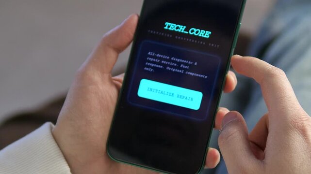 Close-up of user hands initializing diagnostics on a smartphone app. Futuristic neon interface design for device repair service and technical support concepts.