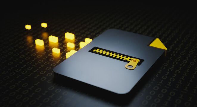 Compressed zip file folder icon on a binary code background