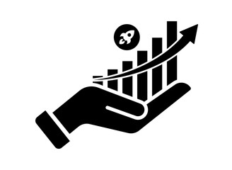 Obraz premium Business growth chart icon of a hand supporting a rising business graph with a rocket symbol, representing growth and success, on a transparent background.
