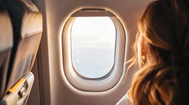 Airplane window view with passenger looking outside, travel and vacation concept, soft light minimal scene