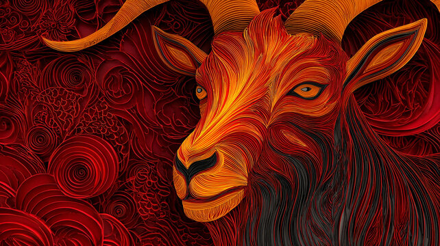 Chinese New Year. 2027. The Year of the goat. A red and gold goat or ram with horns is depicted on a red background, surrounded by a pattern of branches and leaves.