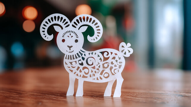 The image shows a white figure of a lamb with patterns. The figure stands on a wooden surface, the background is blurred, with warm lights.