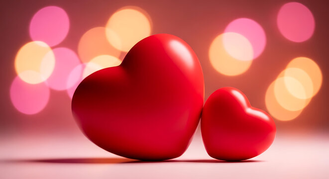 Two red hearts on a romantic background with bokeh lights
