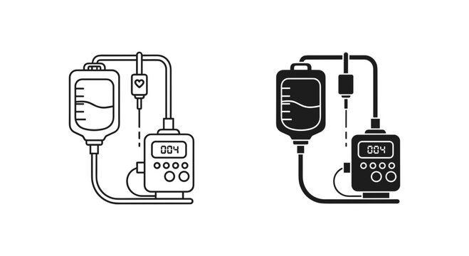 Medical IV infusion pump icons, intravenous drip bag with digital controller vector set, hospital saline therapy equipment in line and silhouette styles