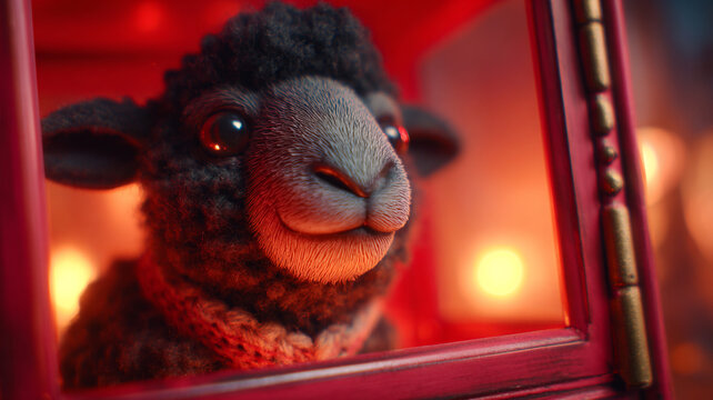 The image shows a soft sheep toy with dark fur peeking out of a red window. A warm red light illuminates her face.