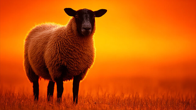 A sheep with a dark muzzle and legs against a bright orange sunset or sunrise.