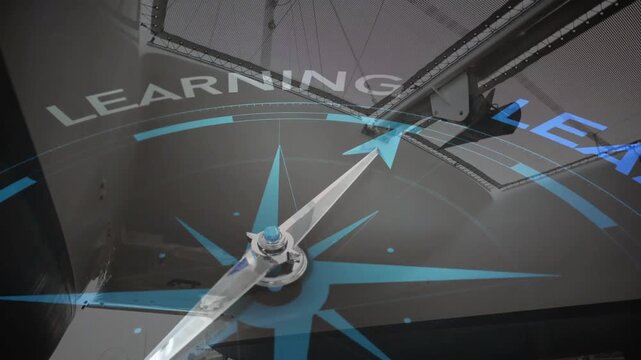 Animation of compass spinning with motivation and business text over boat