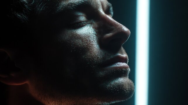 Close-up portrait of a serene man with dramatic lighting