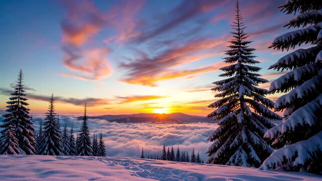 Winter forest sunrise and sea of clouds landscape