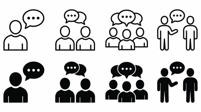 Communication icon set showing people talking, group discussion and collaboration. Vector icons for business communication, teamwork, meetings, negotiation, social interaction and user interfaces.
