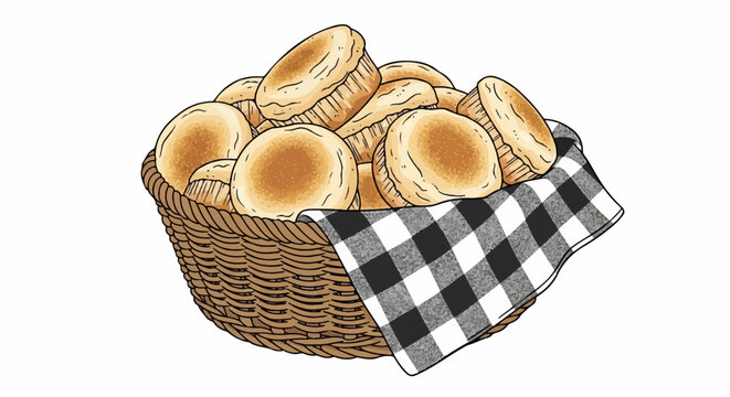 A basket brimming with freshly baked, golden-brown rolls and a checkered cloth