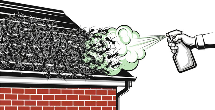 A hand sprays insecticide onto a large swarm of ants on a rooftop