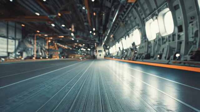 Empty cargo airplane interior deck with abstract blurred lights, showing logistics, transportation, and industrial aviation concepts in a futuristic setting