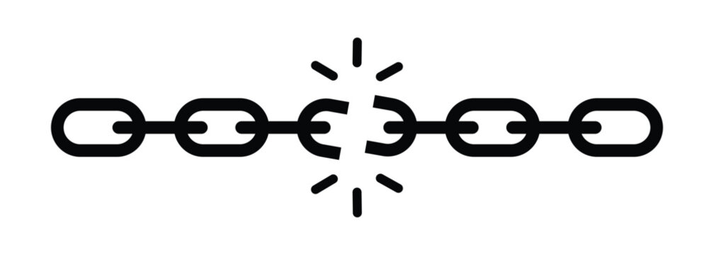 Broken chain symbol of disconnection, freedom and separation, break for security, independence, network failure and unlink design concept. Transparent PNG and vector
