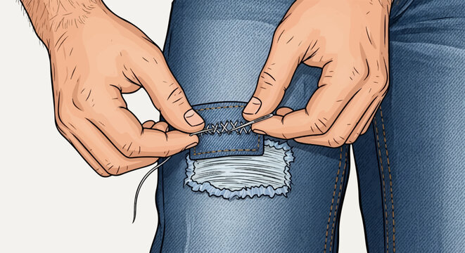 Close-up of hands sewing a patch onto ripped denim jeans