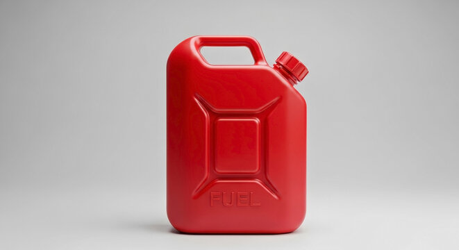 Red plastic fuel canister on clean light background for carrying gasoline or diesel safely. Empty fuel canister features durable high density plastic construction and secure cap for liquids.