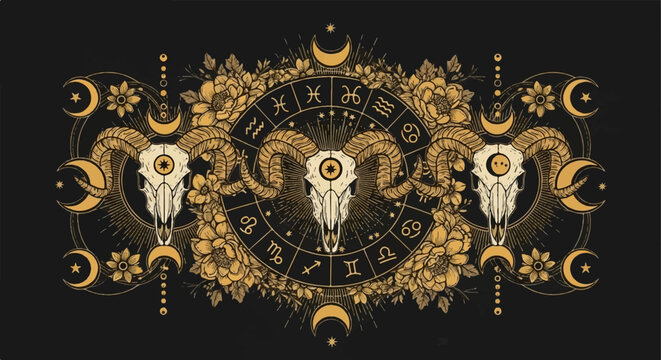 Elaborate zodiac and moon phases design with ram skulls and flora