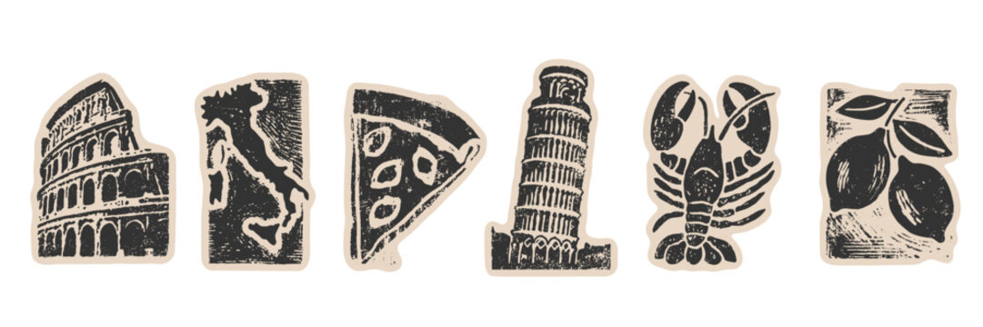 Vintage italian travel icons set with colosseum pizza map leaning tower lobster and lemons in retro linocut stamp style illustration