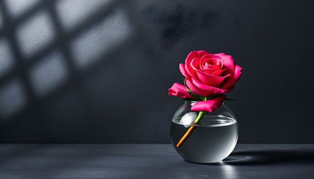 A single vibrant pink rose rests in a sleek silver vase on a dark table indoors.