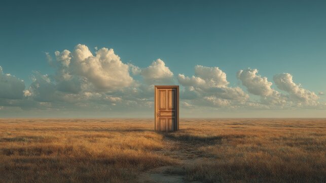 Surreal landscape with solitary door in vast open field under cloudy sky