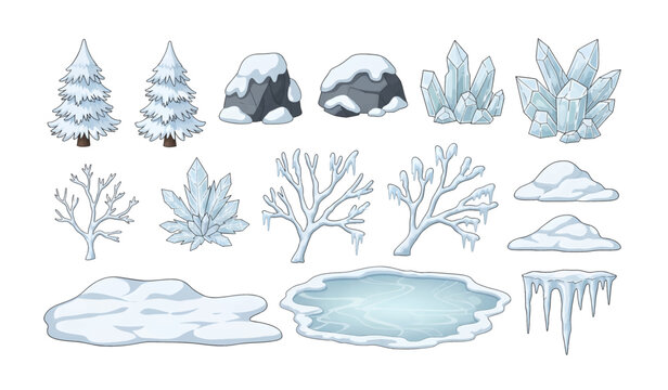 Collection of Snowy winter frosty ice crystals.