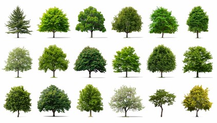 Fototapeta premium Various types of vibrant, green trees, perfect for any landscaping project, offering a variety of shapes and styles. A collection of diverse tree specimens ideal for design.