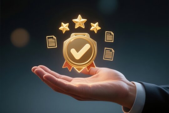 Digital checklist audit compliance business task completion concept with hand holding golden badge and stars