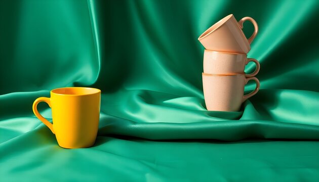 Three ceramic cups stacked on green satin fabric background with one yellow cup