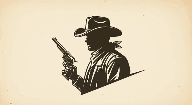 Silhouette of a cowboy in a hat holding a revolver, Western-themed illustration