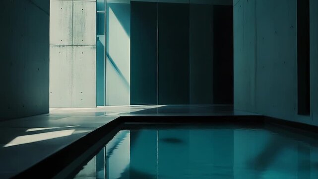 Concrete walls and a tranquil indoor pool create a minimalist design, with strong shadows and reflections emphasizing the modern, calming simplicity of the architectural space