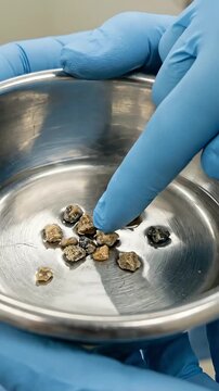 Extracted Kidney Stones of a patient held in a metal bowl by a medical professional in an operating room, highlighting urological surgery success.