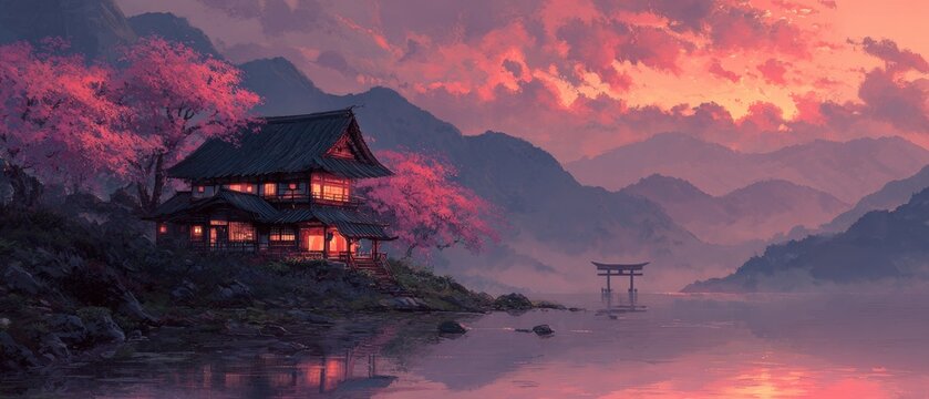 Traditional Japanese house by serene lake at sunset with cherry blossoms