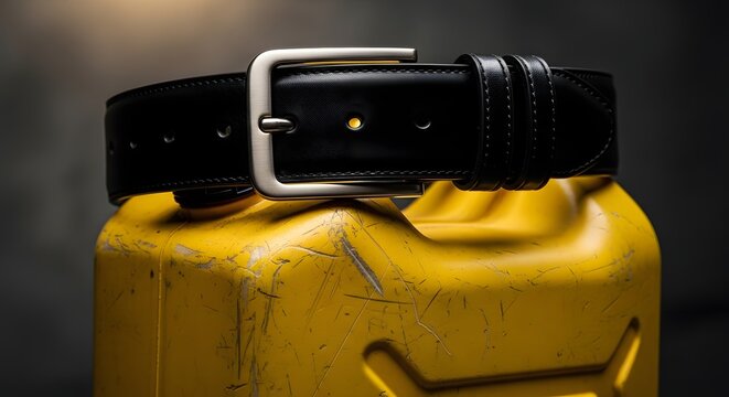 A worn yellow fuel canister constricted by a black leather belt, serving as a powerful visual metaphor for the tightening grip of energy inflation and economic austerity measures
