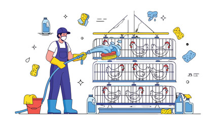 Poultry Farm Hygiene: A dedicated worker diligently cleans a poultry farm, ensuring optimal hygiene and care for the chickens in the aviary © Mohiuddin123