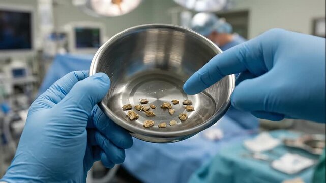 Extracted Kidney Stones of a patient held in a metal bowl by a medical professional in an operating room, highlighting urological surgery success.