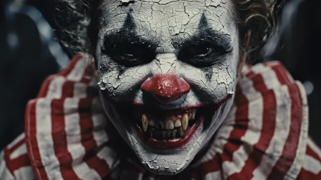 Closeup portrait of a terrifying clown with cracked makeup and sharp fangs