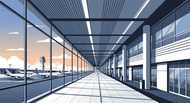 Pixelated airport terminal interior with planes and control tower visible