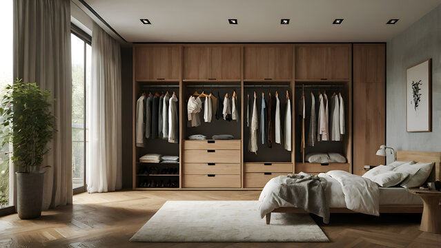 Bedroom with open wardrobe, clothes neatly arranged, lifestyle organization concept, natural lighting