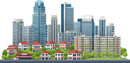 Obraz premium Diverse urban landscape featuring modern skyscrapers and traditional houses