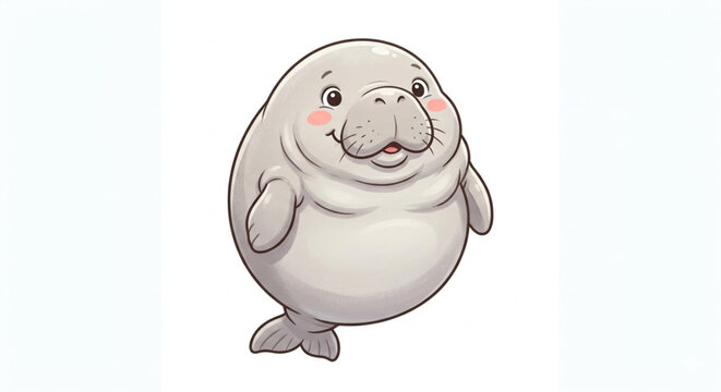 ​Cute and chubby manatee cartoon character smiling and floating isolated on white background, dugong illustration
