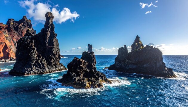 Dramatic volcanic rock formations rise majestically from the deep blue ocean under a vibrant sky