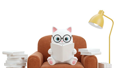 Naklejka premium Cute cartoon cat reading a book on a chair with a lamp