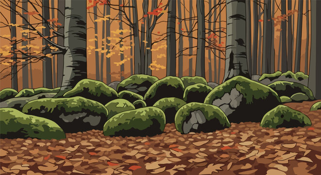 Pixelated autumn forest floor with moss-covered rocks and bare trees
