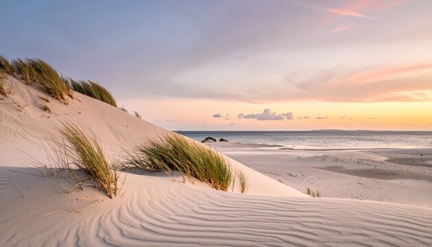 Serene sand dunes and coastal grasses meet the tranquil ocean at sunset.
